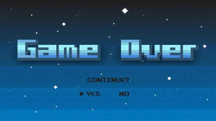 Game Over with starry sky on background. Pixel art 8-bit retro video arcade style with play again.	