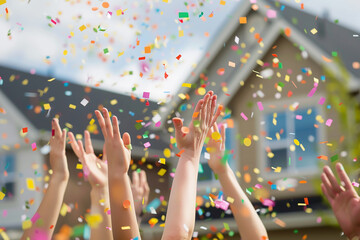 Real estate celebration in a suburban cul-de-sac with hands raised in falling confetti.