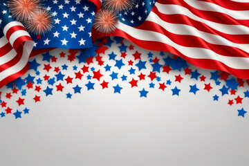 Fototapeta premium Red blue white strip concept for USA independence day with confetti stars.