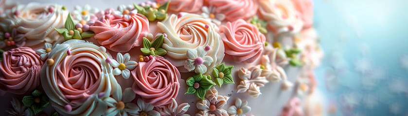 Close-up of a cake with delicate frosting flowers in soft pastel colors, showcasing intricate sugar...