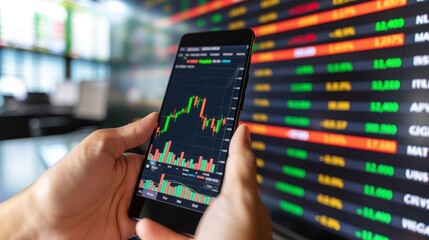 Businessman using a smartphone app for stock market trading with holographic investment concept