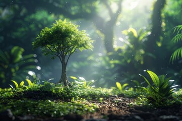 Earth Day eco concept with tropical forest background, natural forestation preservation scene with canopy tree in the wild, concept on sustainability and environmental renewable