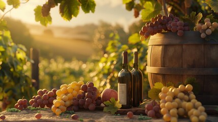 An organic vineyard scene at golden hour, with a wine tasting setup showcasing bottles of organic...