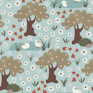 cute hand drawn colorful seamless vector pattern illustration with ducks, daisy flowers, trees and grass on pastel blue background	