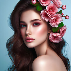 Portrait of young beautiful spring woman with pink flowers on her head