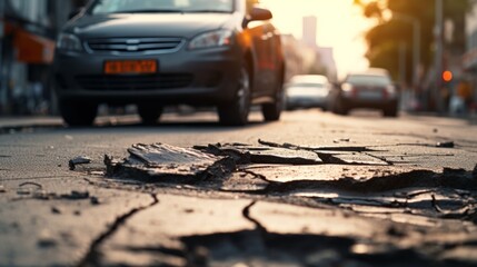 car wheels running and closed up Very bad quality street with potholes. have tree. Damaged asphalt pavement road with potholes in city, dangerous, broken, garage