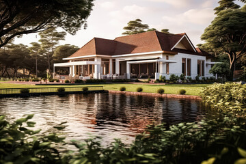 Fototapeta na wymiar A stunning modern house nestled by the tranquil shores of a picturesque lake in Thailand, offering serene views and a peaceful retreat amidst nature's beauty.
