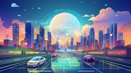 Social networking city and town with automation car on the world symbols moving from buildings to cloud using wifi. Vector illustration, penology, communication, generation, modern, - obrazy, fototapety, plakaty