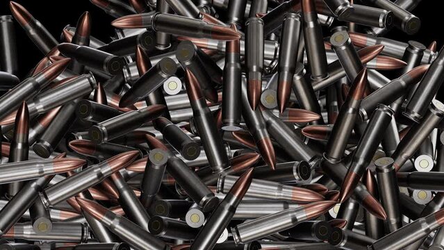 Realistic DOF camera 3D animation of the 7.62 mm assault rifle ammo falling from the top and filling the volume rendered in UHD with alpha matte