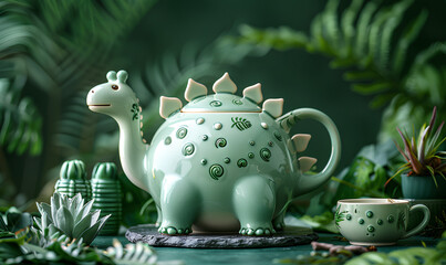 Green ceramic dinosaur-shaped teapot on fern background. Pottery and tea ceremony concept. Cozy aesthetic subject photo for decor, poster, banner, card, flyer