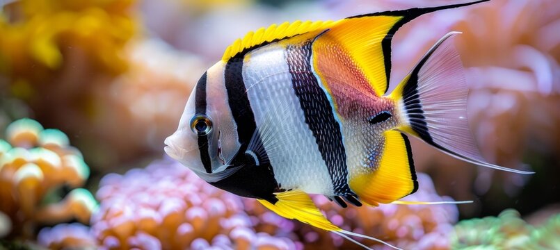 Moorish idol fish swimming among colorful corals in a saltwater aquarium environment