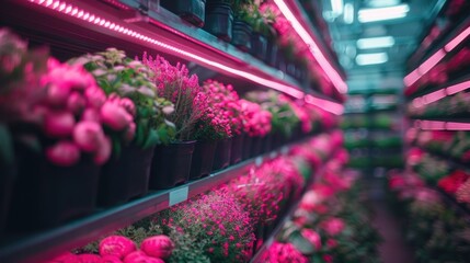 Shelf on a stand with green plants. Vertical farm of organic plants under artificial pink LED light. Hydroponics system. Agricultural technology.