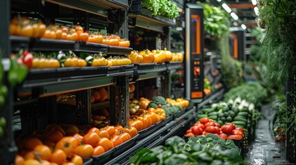 Fresh vegetable warehouse, vegetable store. Various vegetables and green crops lying on the shelves. - obrazy, fototapety, plakaty