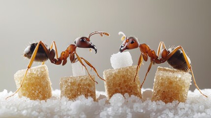 ants and colorful jelly candy on white background, close up.