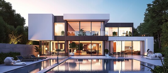 Modern and luxurious style house with a large swimming pool next to the house.
