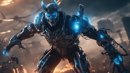 Fototapeta premium A devil demon dragon who has been corrupted by a virus that turns him into a cyborg. 