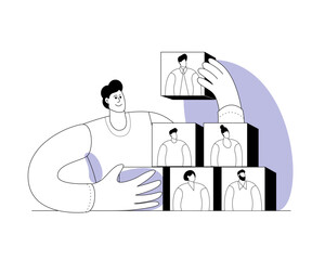 An HR manager uses binoculars to search for an employee to join a team of professionals. Vector outline illustration on the topic of employee search