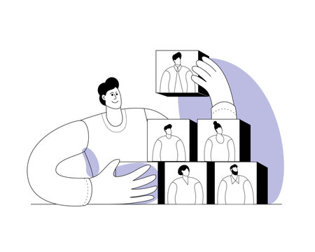recommend clip art: An HR manager uses binoculars to search for an employee to join a team of professionals. Vector outline illustration on the topic of employee search