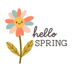 Hello spring quotes. Floral springtime hand drawn prints design. Positive phrases for stickers, postcards or posters