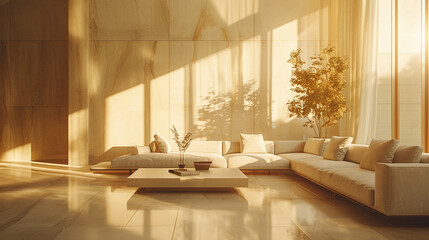 A serene living room bathed in the warm glow of sunset, casting long shadows on minimalist furniture and polished surfaces. The play of light creates a tranquil ambiance, emphasizing the subtle textur - obrazy, fototapety, plakaty