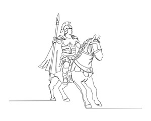Fototapeta na wymiar Continuous one line drawing of roman knight ridding horse with spear. Gladiator riding horse and holding spear single outline vector illustration. Editable stroke.