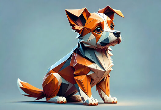The image shows a low-poly illustration of a dog sitting on a blue background. The dog is looking to right with a friendly expression.