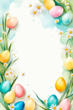 Celebrating Easter, holiday greeting card watercolor mockup with chamomiles and colored eggs.
