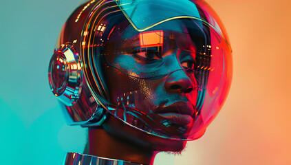 Facial portrait of a young African American man wearing an augmented reality helmet.