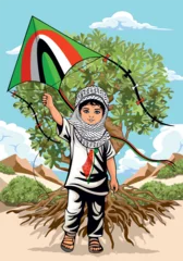 Fototapete Zeichnung Child from Gaza, little Boy with Keffiyeh and holding a flying kite symbol of free Palestine Vector illustration isolated on White