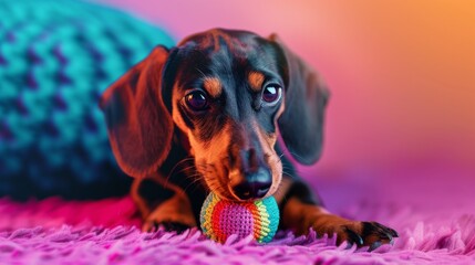 dog chewing a colorful toy