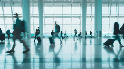 Abstract blur and defocused airport terminal with blurred in motion people for travel concept background - Powered by Adobe