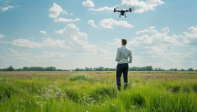 A businessman is flying a drone in an open field - capturing aerial footage for a corporate presentation - wide format