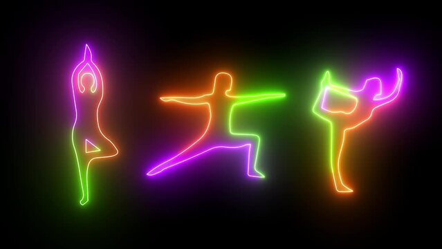 Glowing yoga animation sign. Yoga neon sign animation. neon line Meditating person silhouette on black background. Neon glowing sign of yoga exercices club on black background.