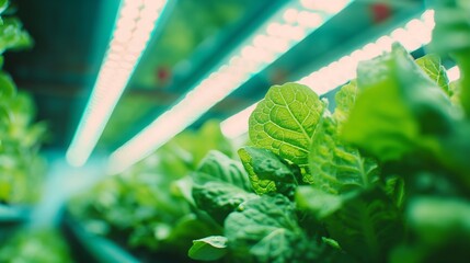 Rows of leafy greens growing in a high-tech vertical farm with LED lighting, emphasizing efficient, space-saving agriculture that supports sustainable food systems. 8k - obrazy, fototapety, plakaty