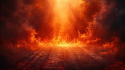 Intense Flames Engulfing a Wooden Surface Against a Dark, Ember-Filled Background