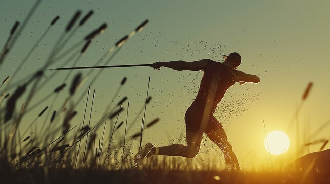 The moment a javelin thrower releases the javelin, capturing the power and concentration required for the throw, with the javelin soaring against a clear sky. 8k