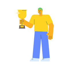 Young guy holding golden cup and smiling