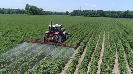 Fototapeta premium Agricultural tractor spraying pesticides on a lush soybean field in the countryside