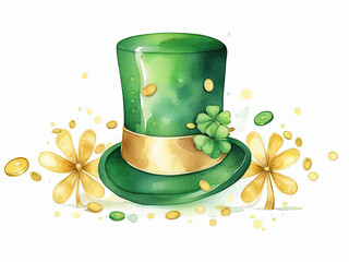 Illustration of a green leprechaun hat with clover leaves and gold coins