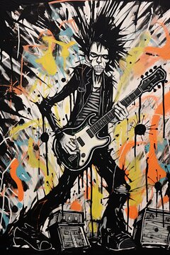 Rockstar playing guitar. Poster design of guitarist on stage. Wall art. Ai Generative