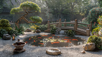 A zen garden with a pond, a bridge, a fountain, and a bonsai tree. The pond is clear and has some...