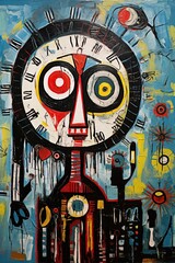 Portrait  of a face made of clocks, cogs and geers in Art Brut style. Time concept. Ai Generative