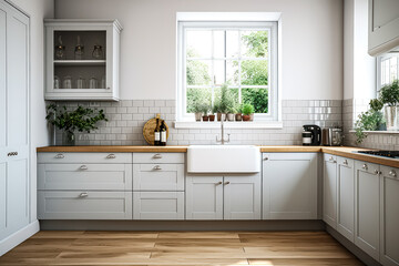 A detailed shot of a kitchen sink showcases elegant cabinets, a pristine white marble countertop, and matching backsplash, adorned with tasteful decorations.