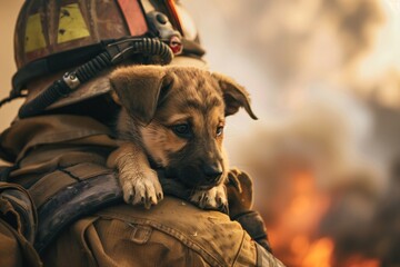 Brave firefighter saving a scared puppy from a fiery inferno, embers and smoke swirling