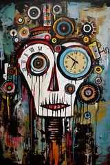 Portrait  of a face made of clocks, cogs and geers in Art Brut style. Time concept. Ai Generative