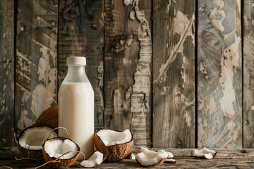 Side view of coconut milk in a bottle with fresh coconuts on a rustic wooden background.