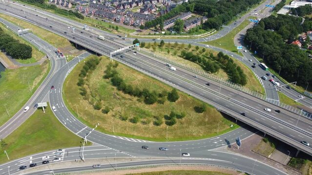 Traffic at a highway junction at Zwolle where the A28 highway runs through the city in Overijssel, The Netherlands.
