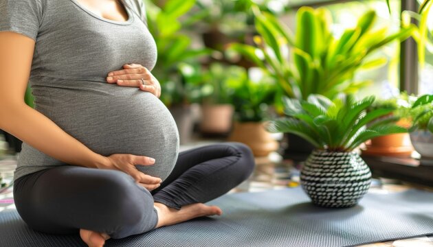 Pregnant woman sitting on a yoga mat at home, relaxing and ready for text placement in the image.