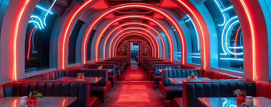 Futuristic diner serving Peking Duck and Greek Salad on a spaceship with geometric neon art on the walls..