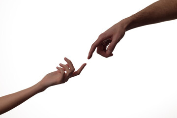 Man’s and woman’s hands touch each other with index fingers diagonally, on white background